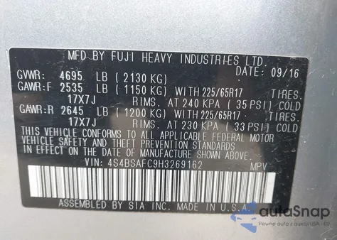 2017 Subaru Outback 2.5I Premium из США, поврежденный, VIN 4S4BSAFC9H3269162